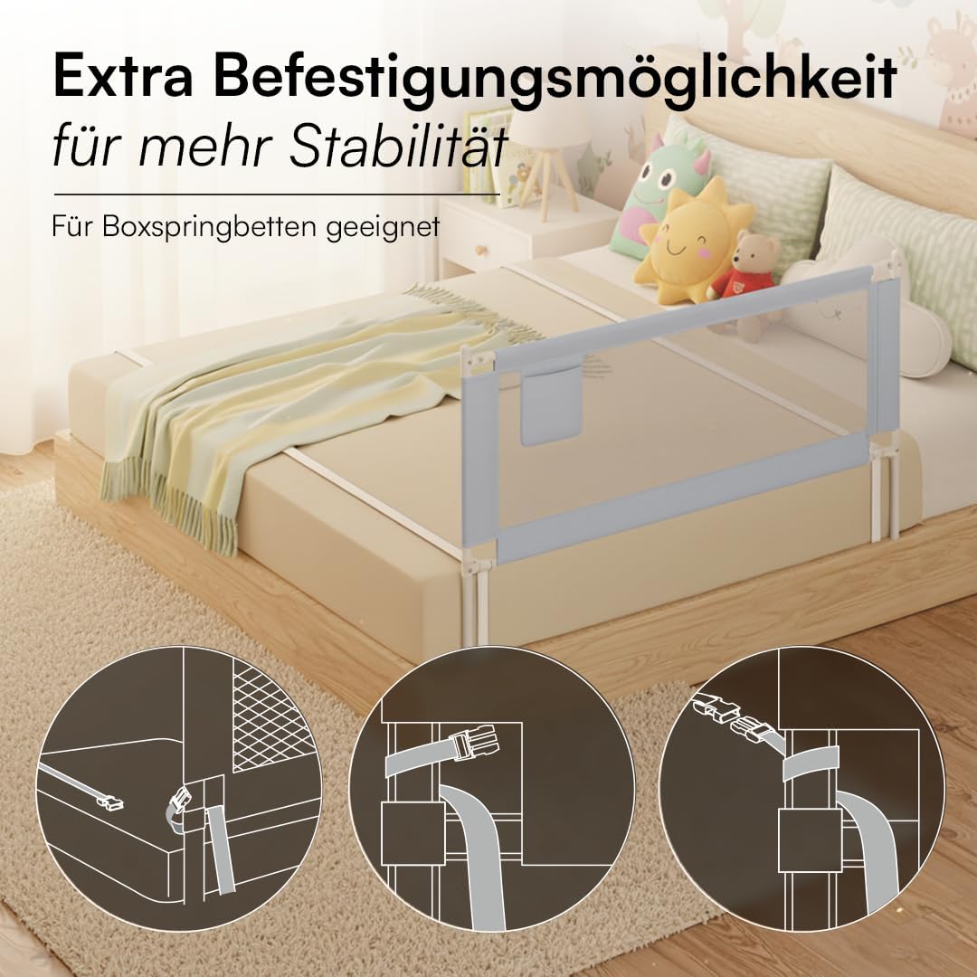 Rausfallschutz Bettgitter höhenverstellbar 180 cm, Hellgrau - mit Gurt 180 cm