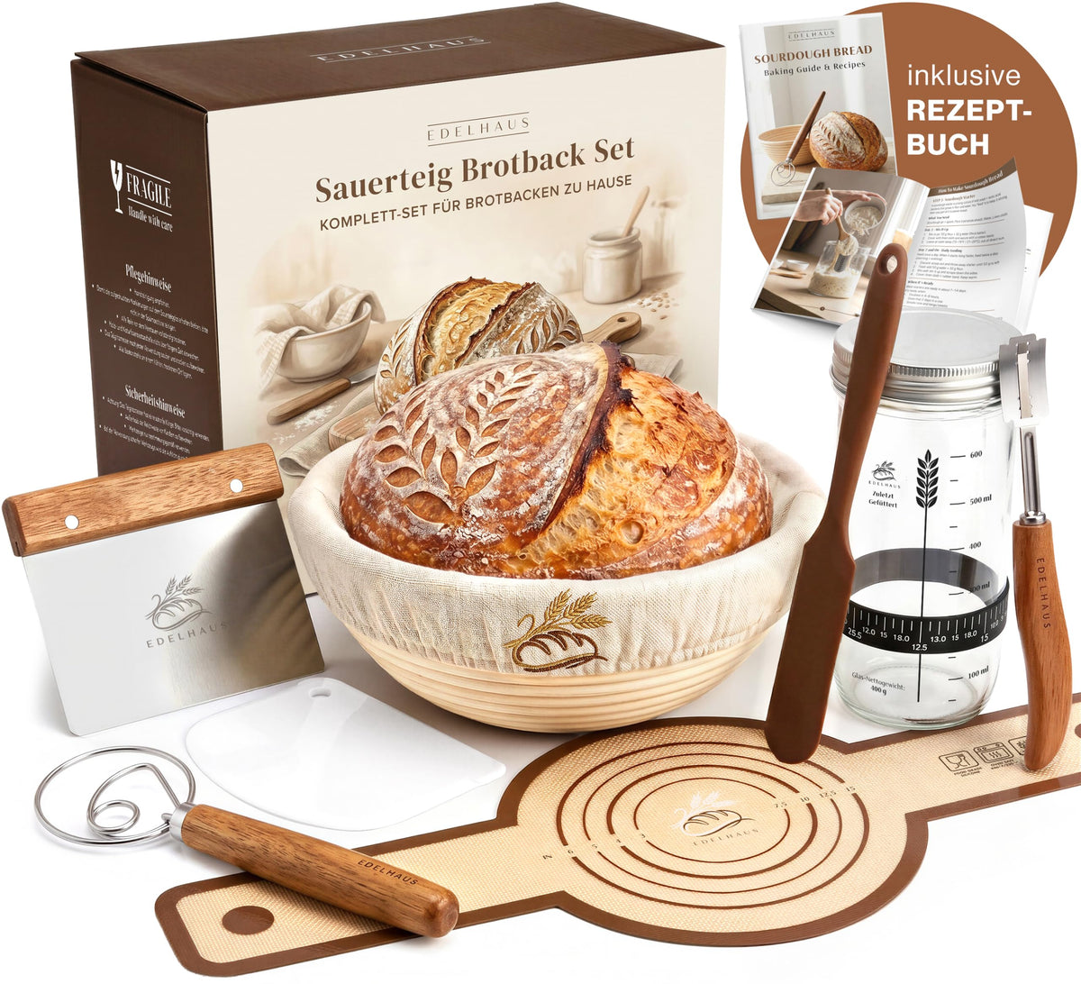 7-teiliges Sauerteig-Starter-Set mit Gärkörbchen, Gärkörbchen Set Rund