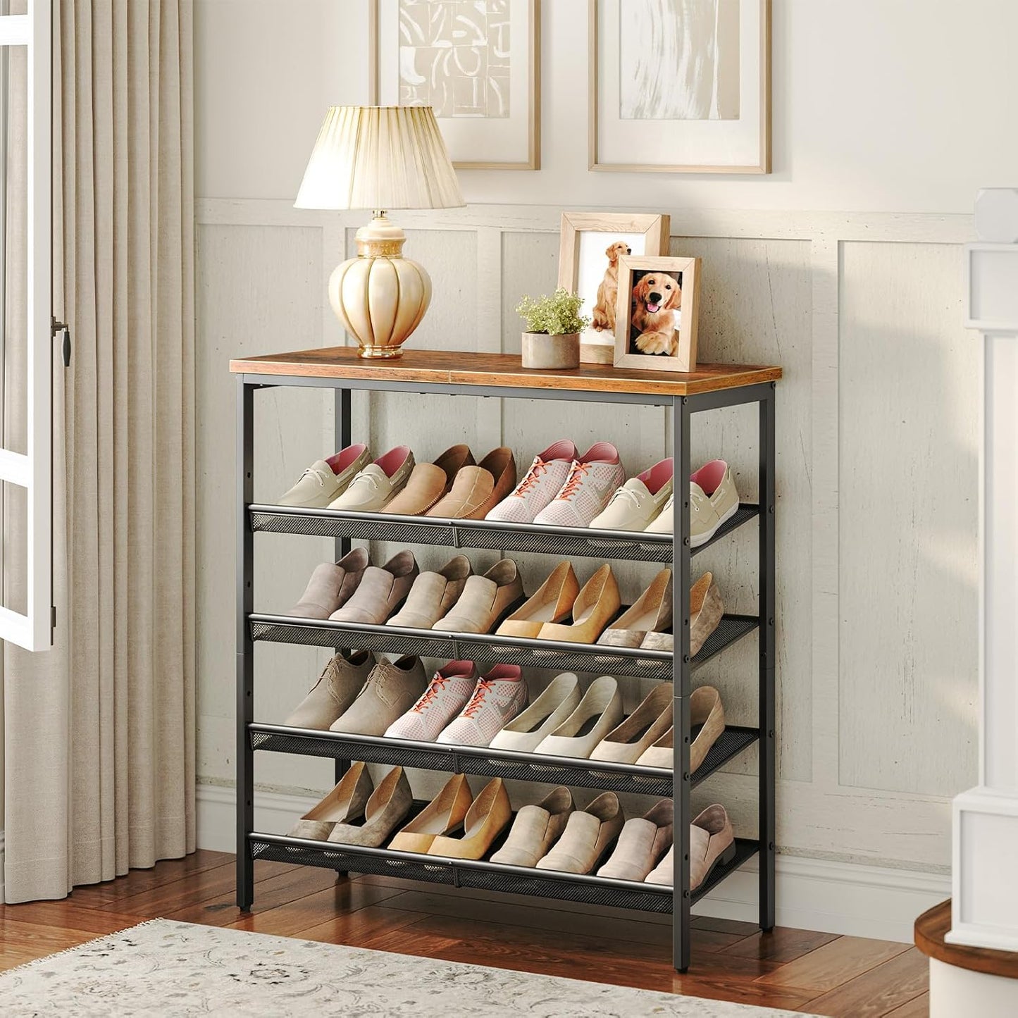 5-stöckiges Schuhregal mit verstellbaren Gitterablagen, Dunkelbraun + Schwarz 75 x 30 x 81 cm