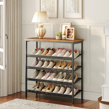 5-stöckiges Schuhregal mit verstellbaren Gitterablagen, Dunkelbraun + Schwarz 75 x 30 x 81 cm