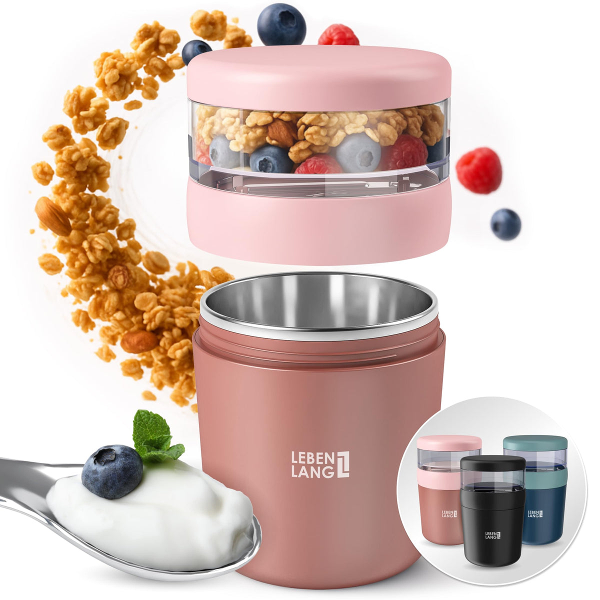 Müslibecher To Go mit Löffel, Rosa 500ml + 150ml