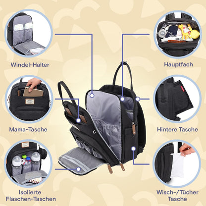 Baby Wickelrucksack mit Wickelauflage und Kinderwagengurten, Schwarz