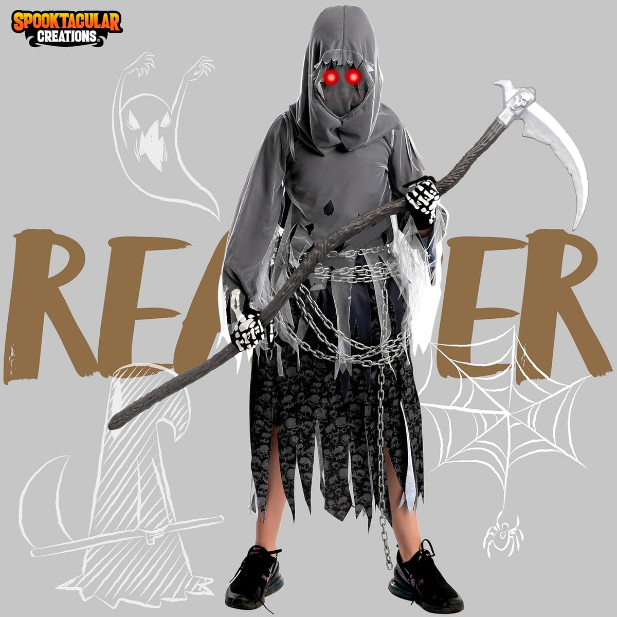 Soul Taker Sensenmann-Kostüm mit leuchtenden Augen, Large (10 - 12 Jahre)