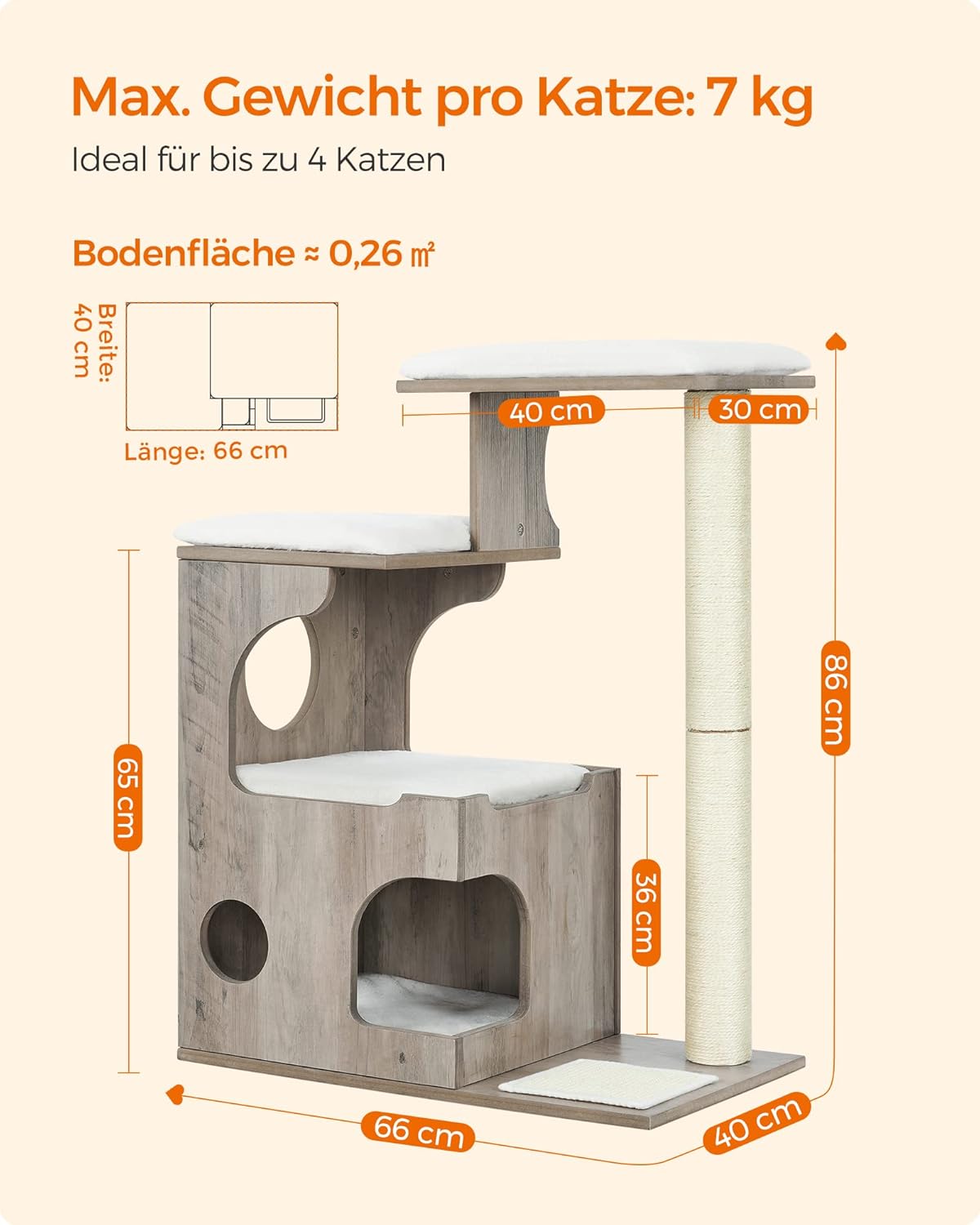 Kompakter Katzenkratzbaum mit Höhle und Liegeflächen, greige