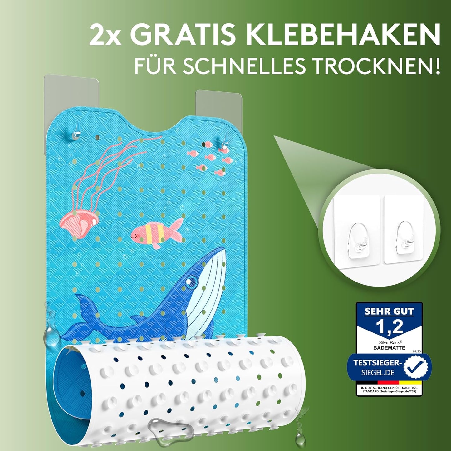 Antirutsch-Badewannenmatte für Kinder, Z 2 Kinder Wal Welle 100 x 40 cm (Rechteckig)
