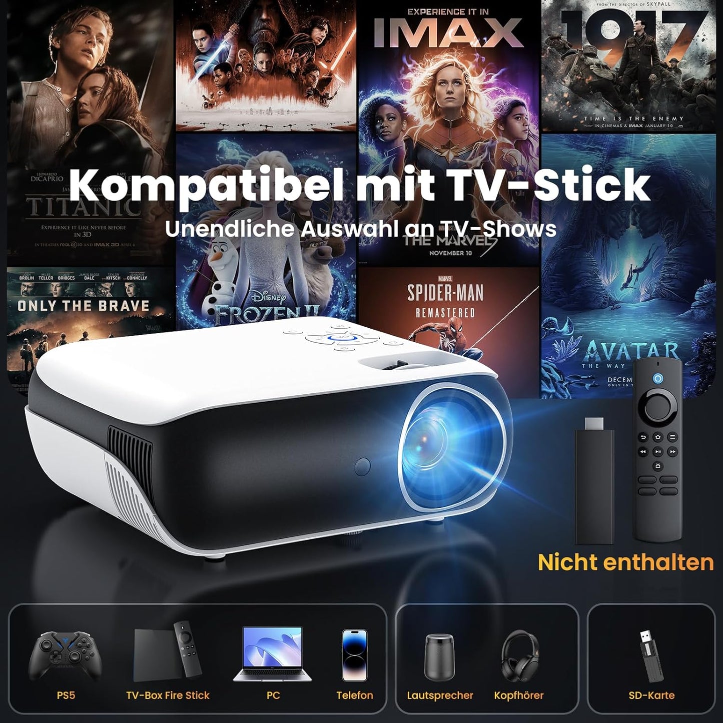 Full HD Mini Beamer 4K-Unterstützung für Heimkino, 9500Lumens