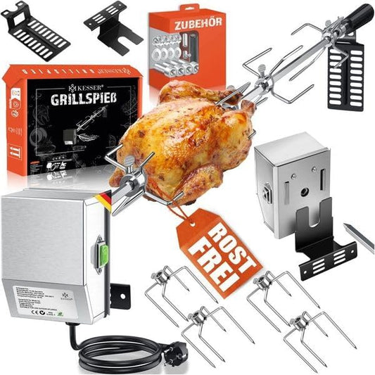 Edelstahl Grillspiess Set für Gasgrill mit Drehmotor, Silber
