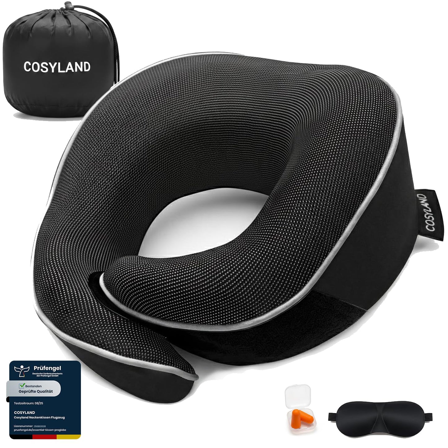 Reisekissen 360° Nackenhörnchen Memory Foam, Schwarz