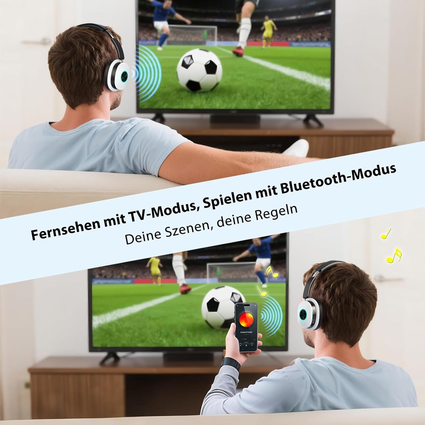 Kabellose TV-Kopfhörer mit Sender-Ladestation, Schwarz & Weiss