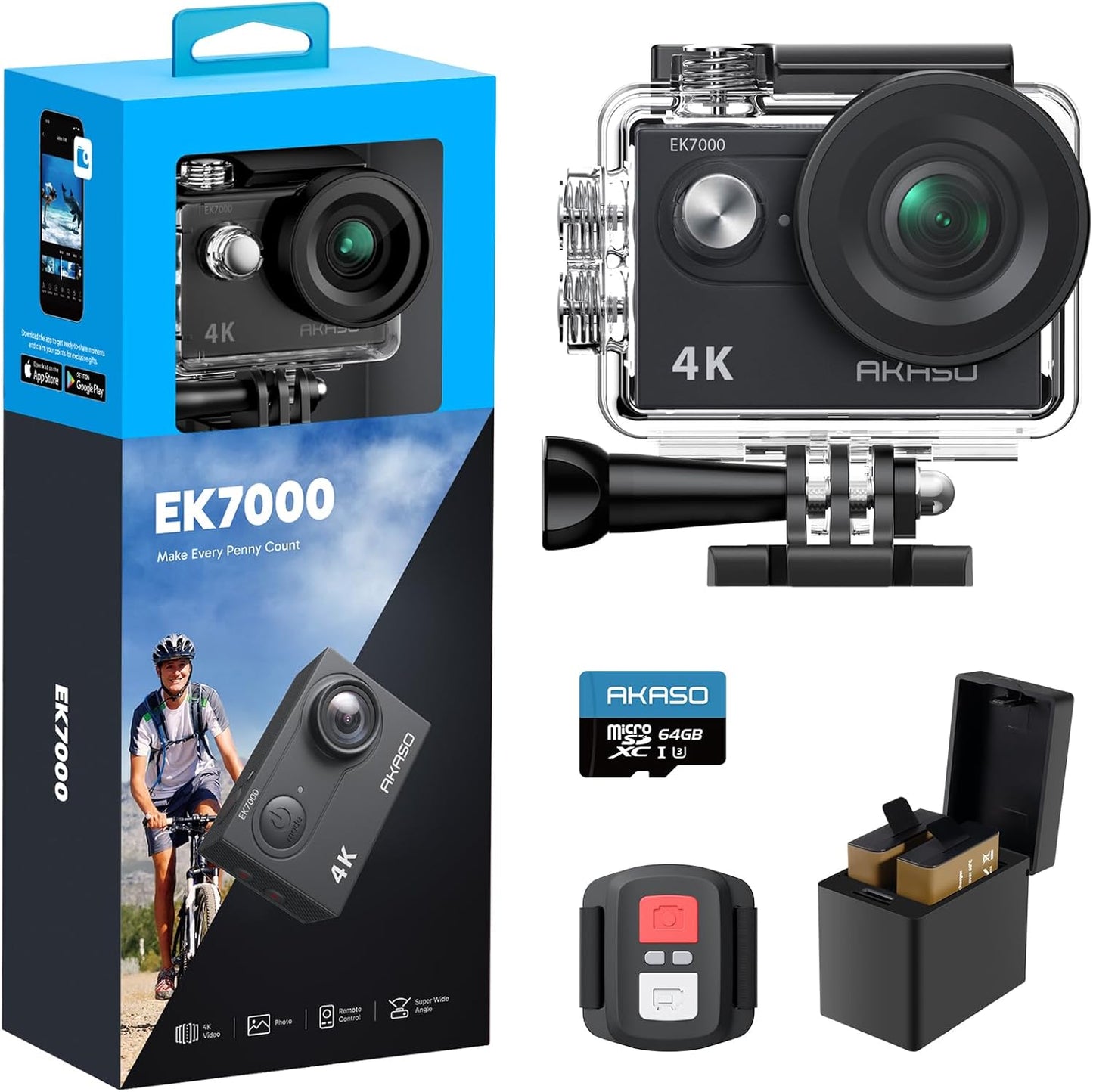 Action Cam 4K30FPS mit Fernbedienung, Schwarz+64GB