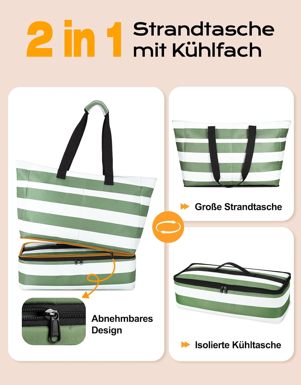 Strandtasche mit Kühl- & Nassfach, Grün Weiss