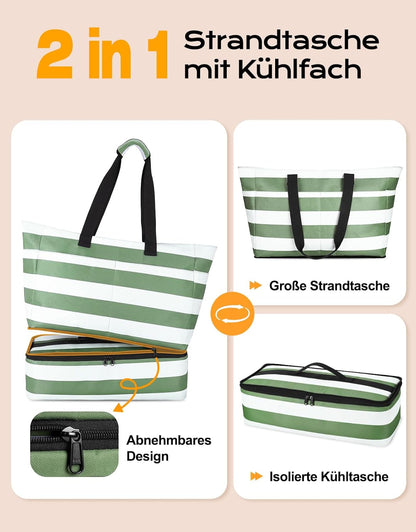 Strandtasche mit Kühl- & Nassfach, Grün Weiss
