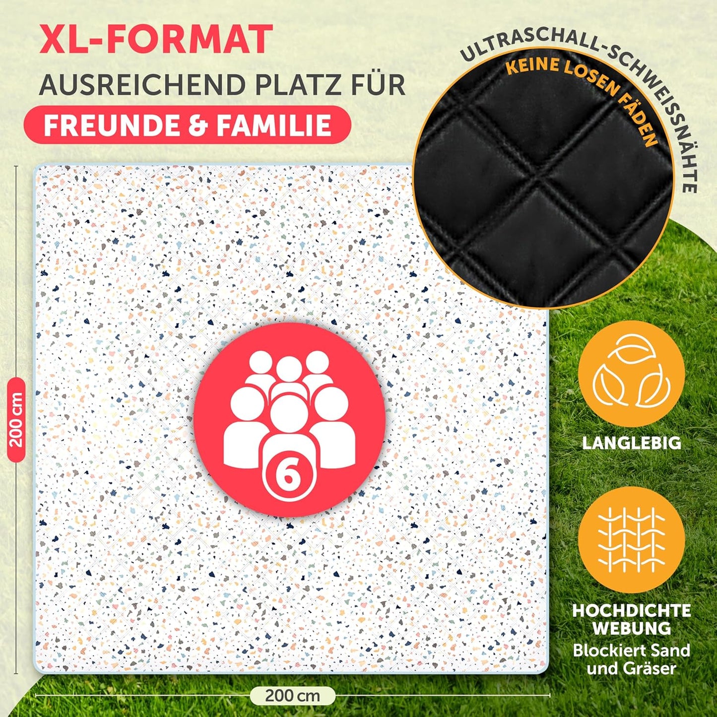 Wasserdichte Picknickdecke, Terrazzo Bunt 200 x 200 cm