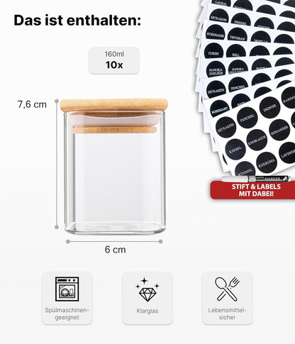 Gewürzgläser-Set mit Deckel, 10 Set Eckig