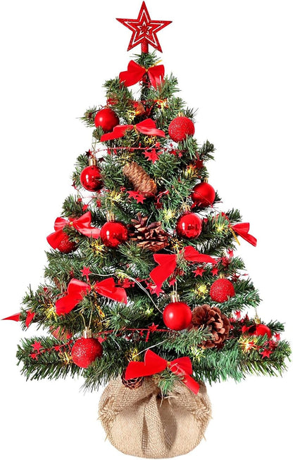 Künstlicher Weihnachtsbaum mit LED & Deko (60 cm), 60 cm Grün-rot-braun+warmweiss