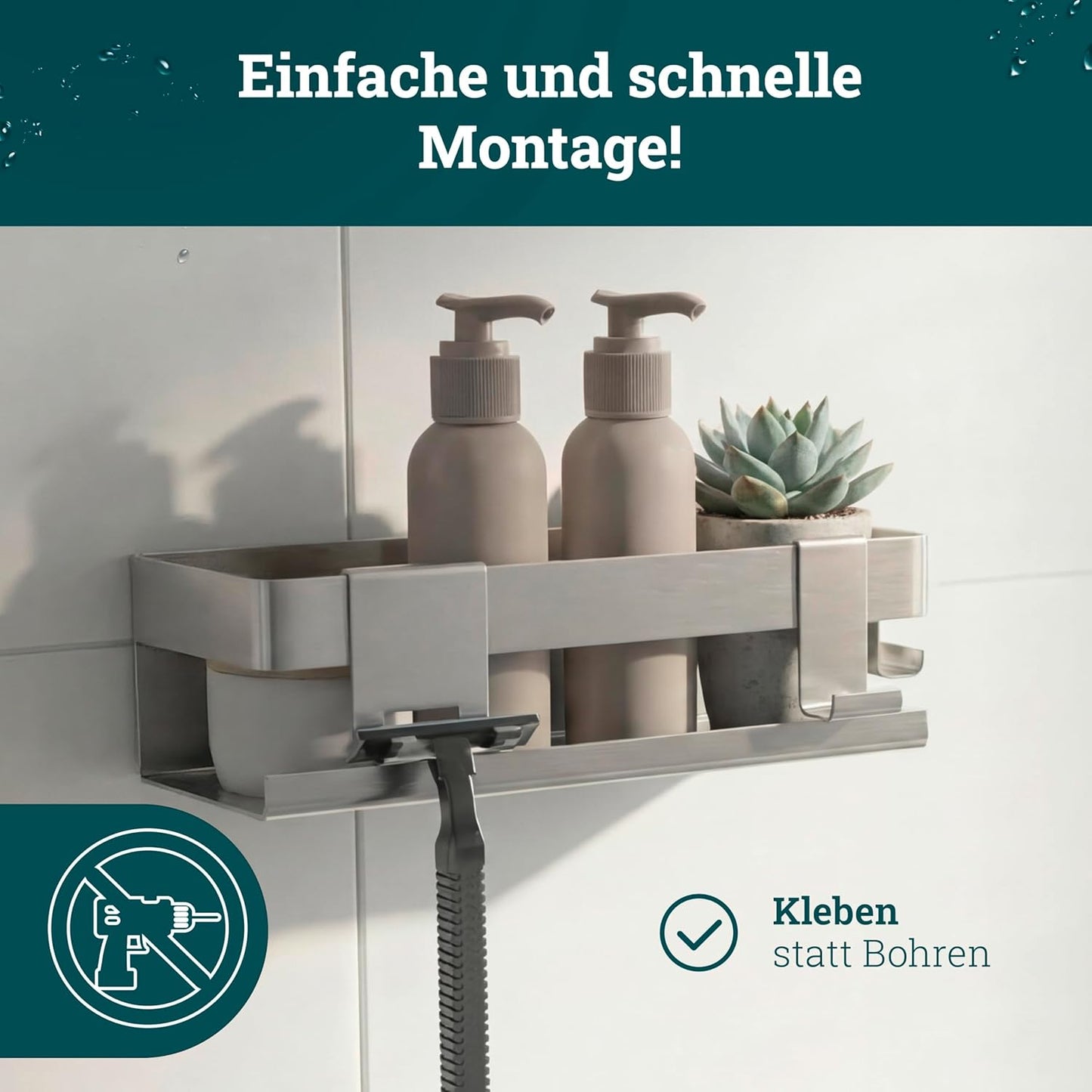 Duschablage ohne Bohren mit Haken & Ablaufrillen, Edelstahl Gebürstet