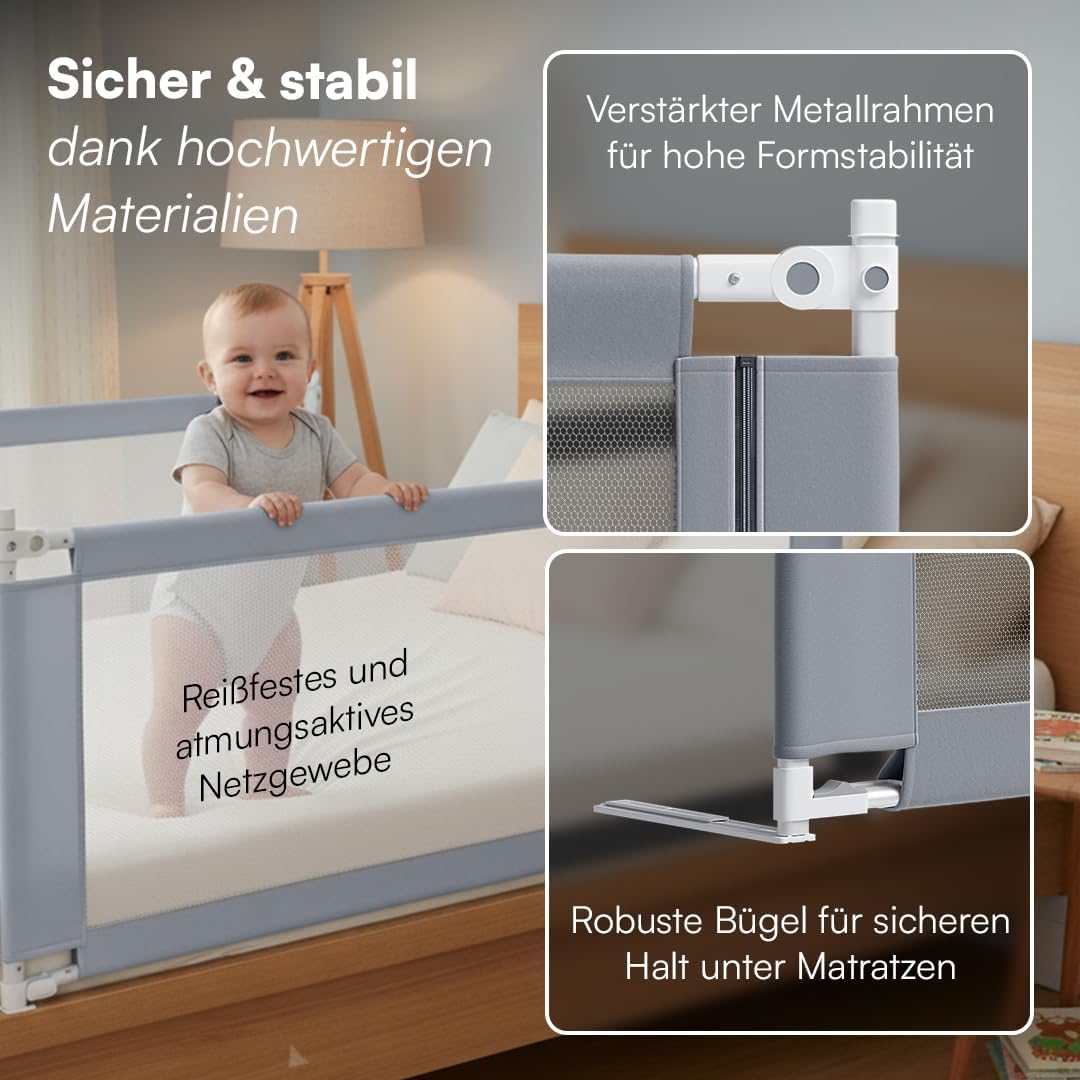 Rausfallschutz Bettgitter höhenverstellbar 180 cm, Hellgrau - mit Gurt 180 cm