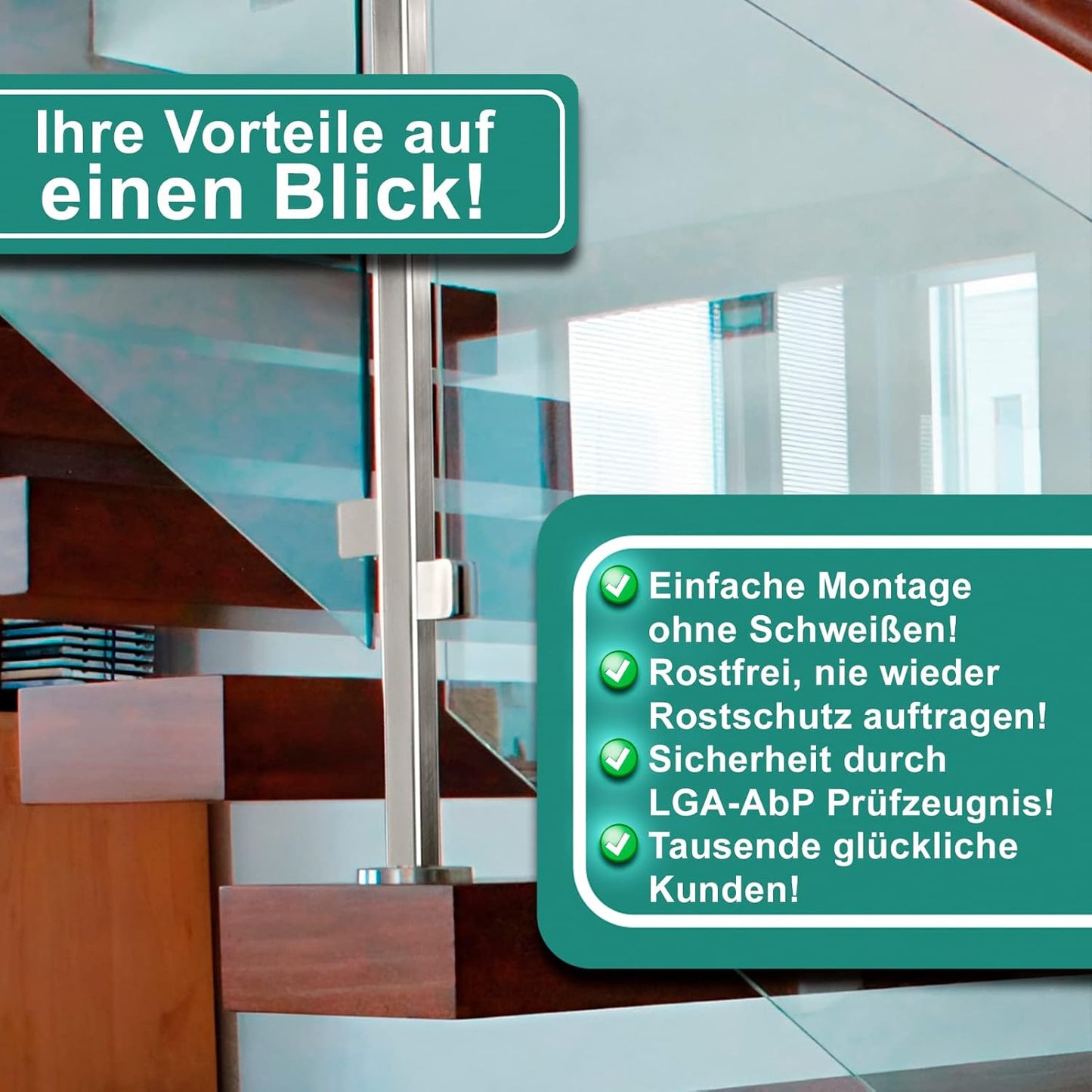 Glashalter Set für Treppengeländer (4 Stück), Anschluss: FLACH | Glasdicke: 6,76mm