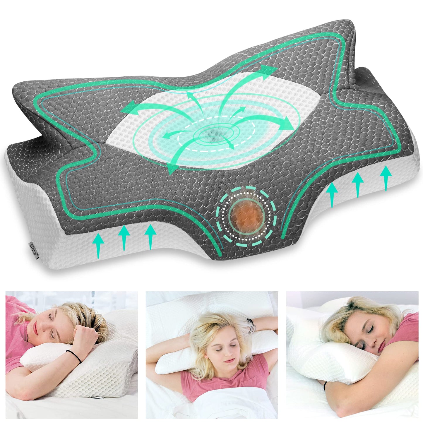 Ergonomisches Nackenstütz-Schlafkissen, Dunkelgrau 64 x 12,5/10,5 x 38 cm
