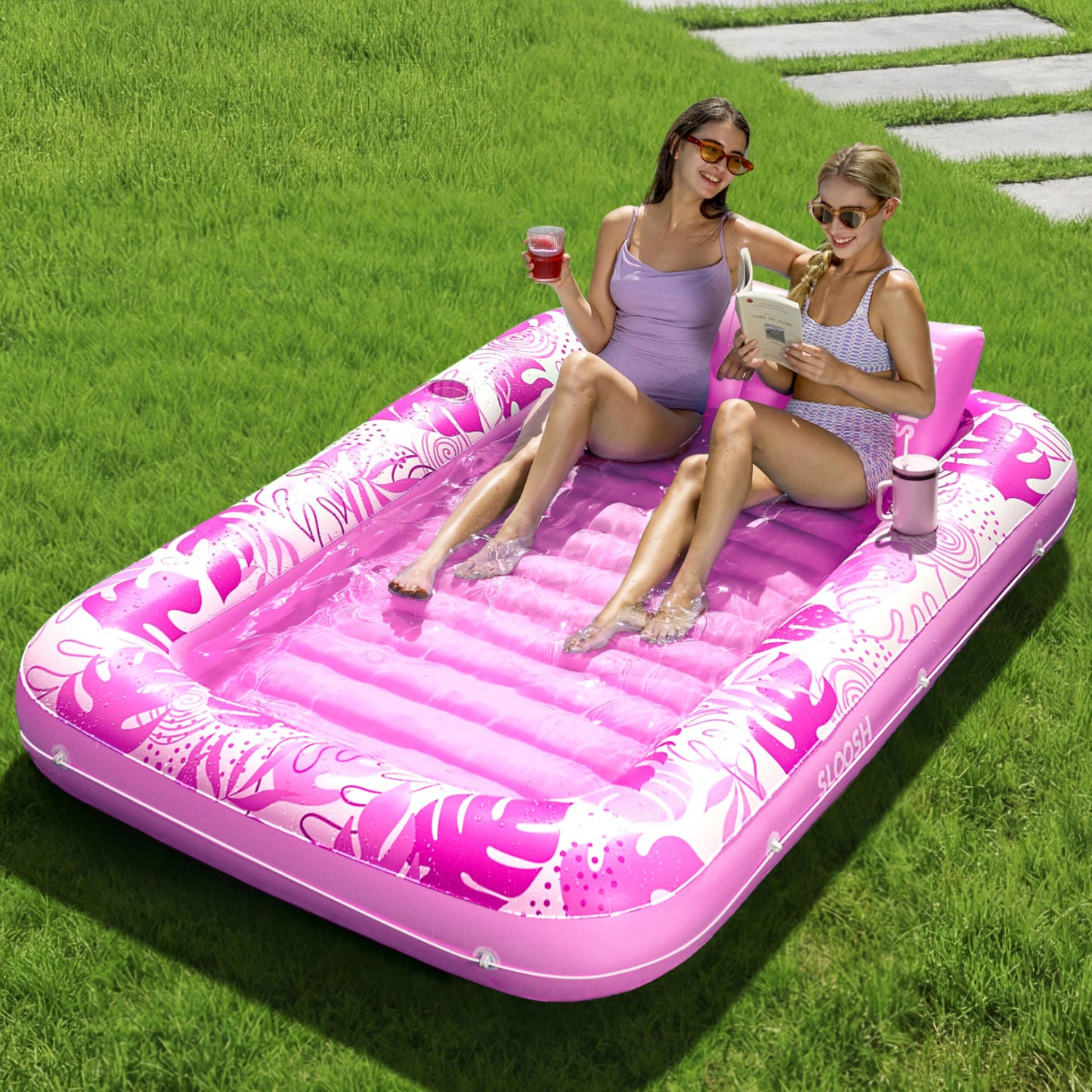 Aufblasbarer 4-in-1 Sonnenliegepool mit Kissen und Getränkehalter, Rosa XL