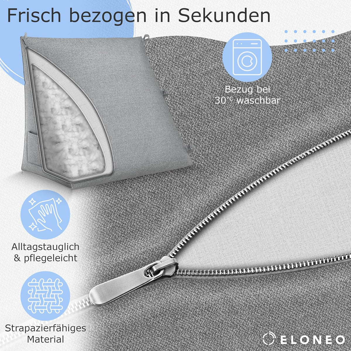 Verstellbares Rückenkissen mit Nackenrolle, Grau 50 cm