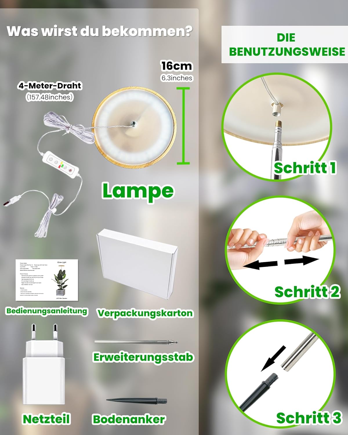 LED Wachstumslampe 2er Set, Bambus 2 PCS