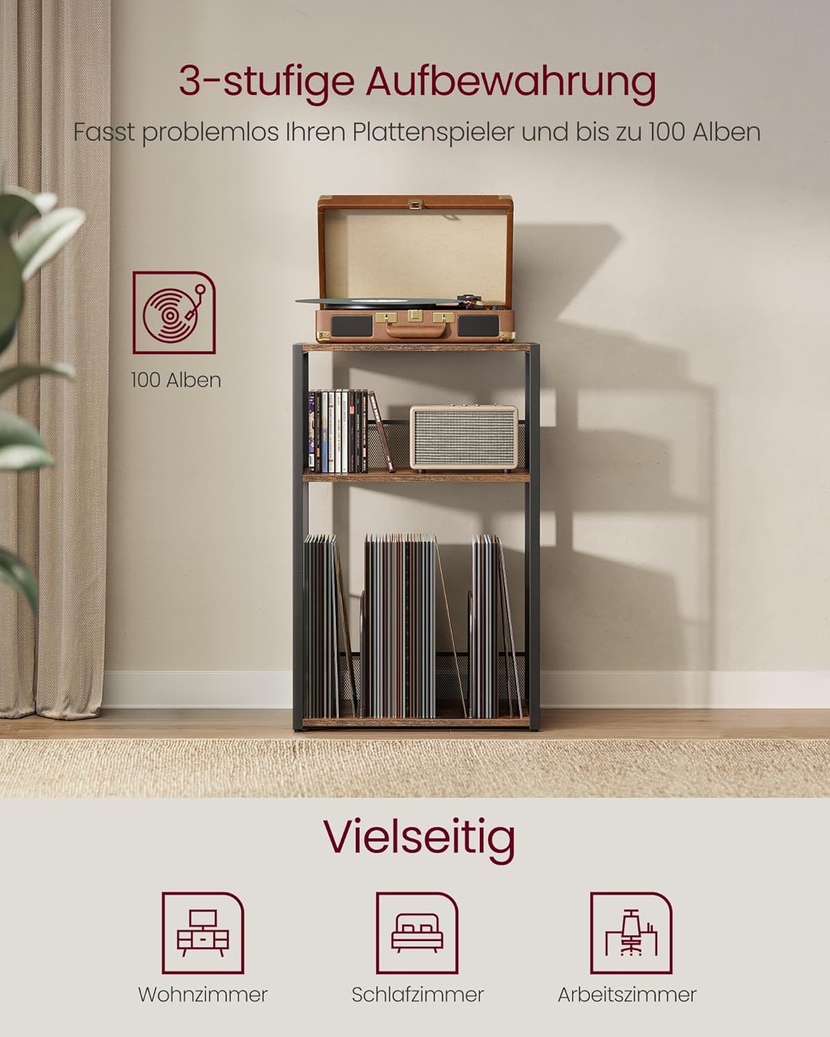 Plattenspieler-Ständer mit Schallplatten-Aufbewahrung, Vintagebraun Standardversion