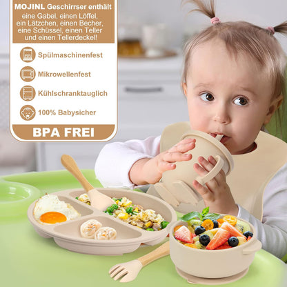 7-teiliges Baby-Geschirrset mit Saugnapf, Beige