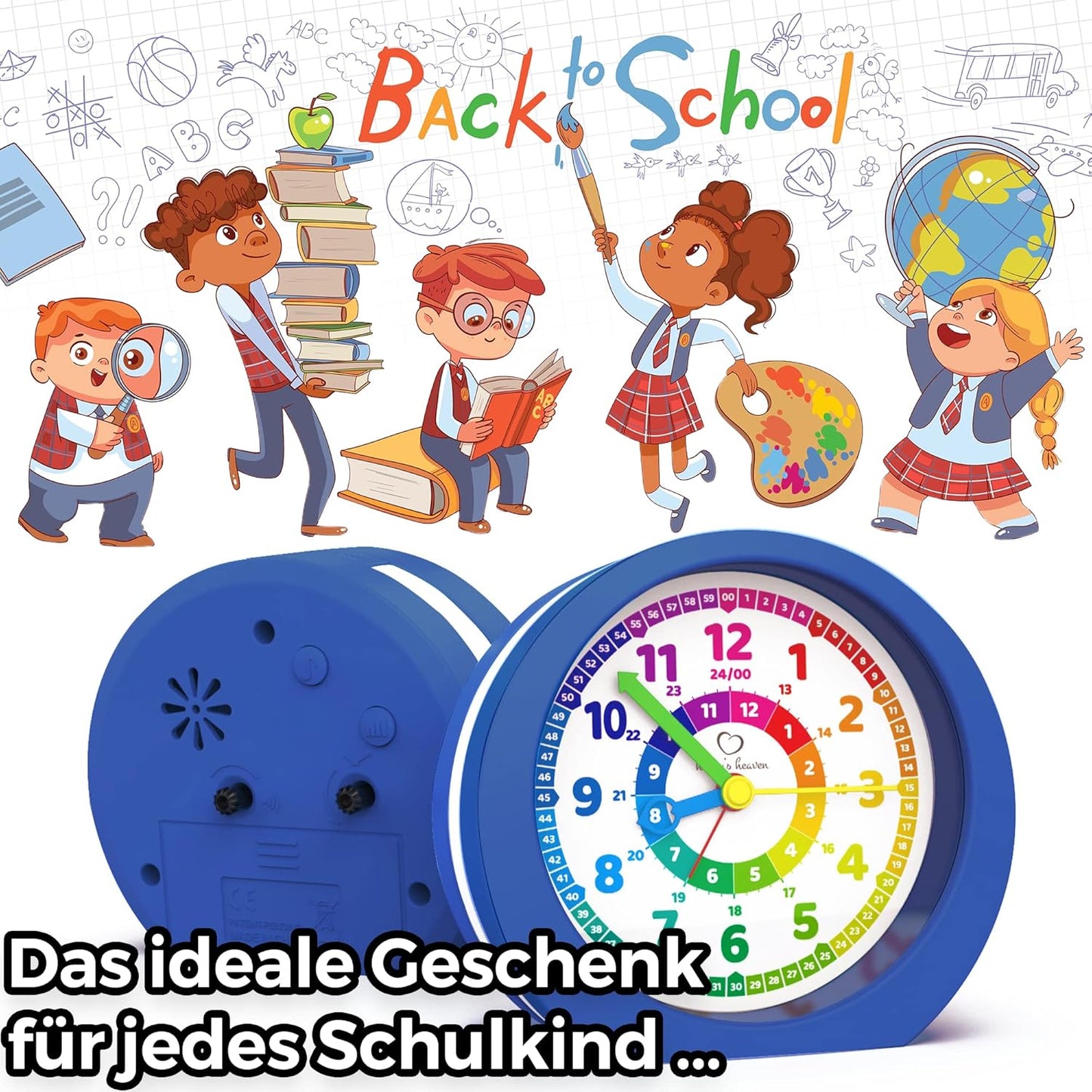 Kinderwecker ohne Ticken, Lernuhr mit Snooze-Funktion, Dunkelblau Kinderwecker