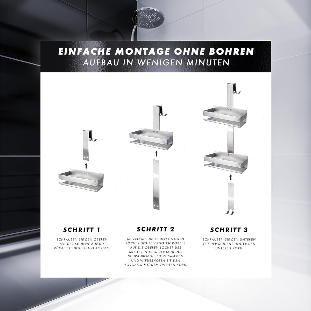 Duschablage mit 2 Hängekörben, zum Hängen Silber