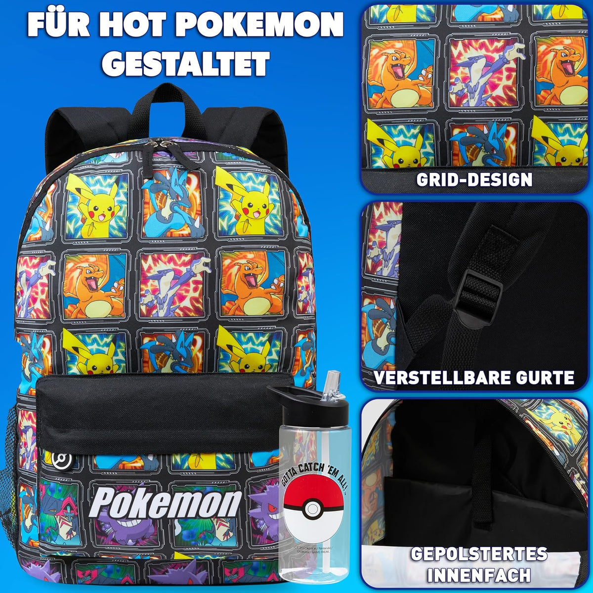 Pokemon Kinderrucksack-Set mit Trinkflasche, Multi Pokemon