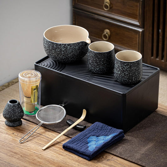 Matcha Tee Set mit Zubehör (12-teilig), Tragbares & Aufbewahrungsset Rocky-schwarz/Grau+++