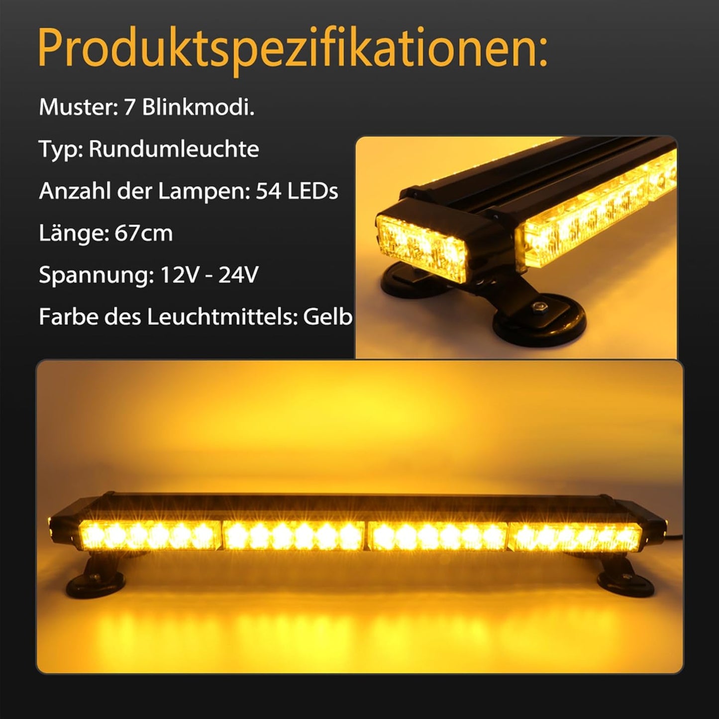 LED Rundumleuchte mit 7 Blitzmodi, Gelb 67cm