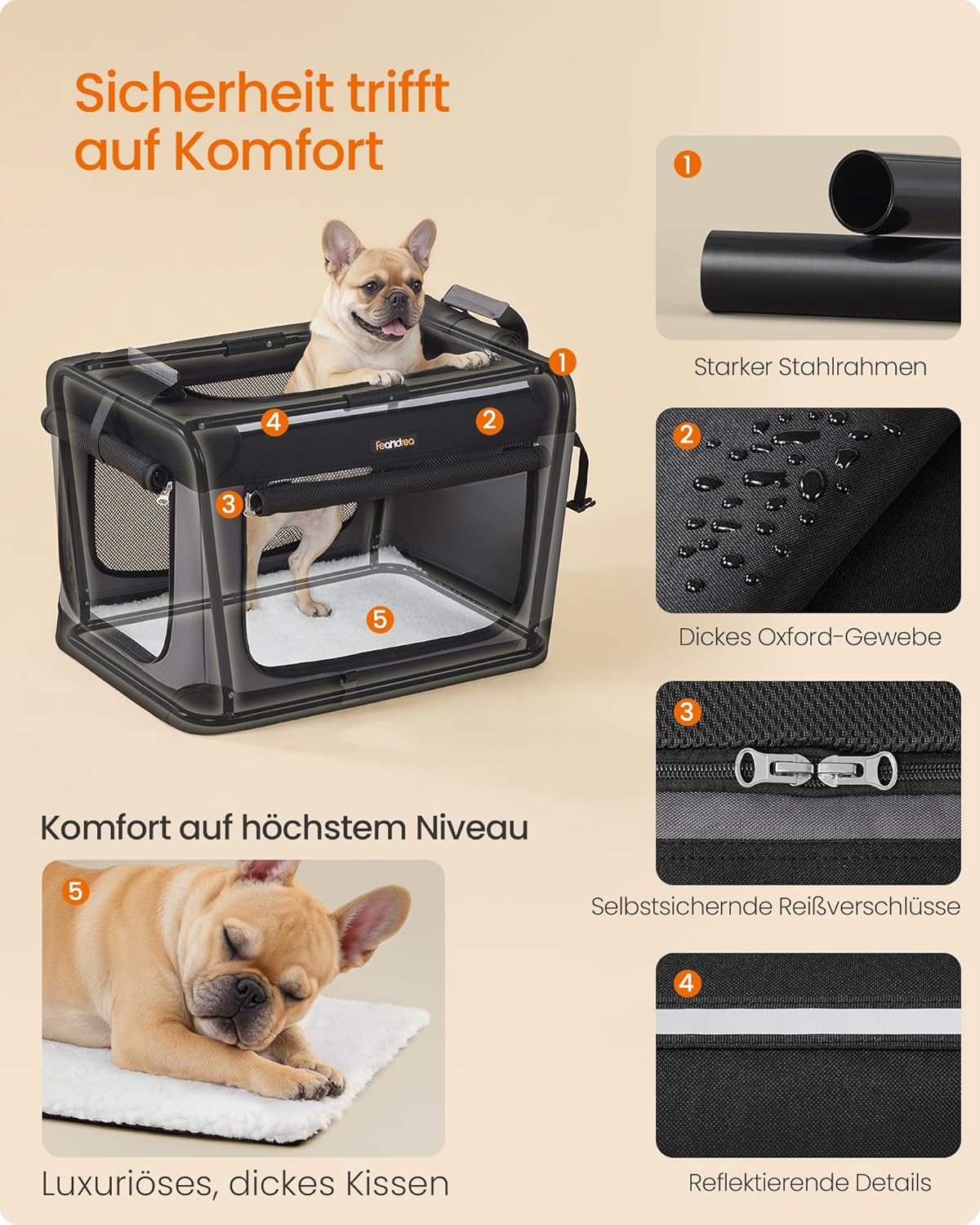 Faltbare Hundetransportbox mit 4 Türen, Griffen und Taschen, PDC016B01, M (60 x 42 x 42 cm)