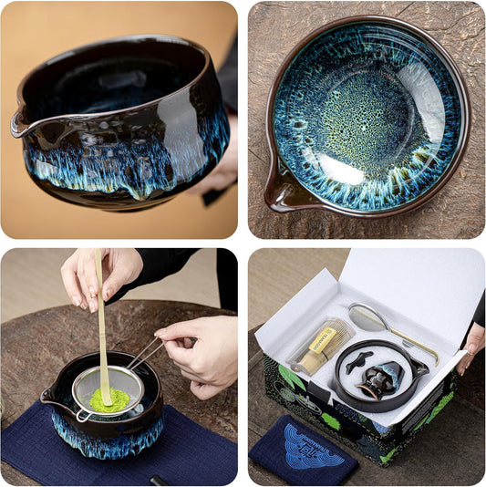 7-teiliges Matcha-Teeset mit Besen und Schale, 7pcs/set, Bowl with pouring spout Junware-blau +