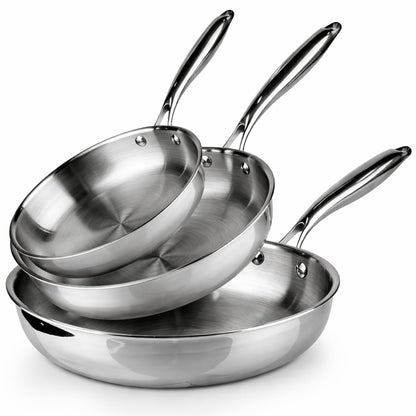 Pfannenset aus Edelstahl (3-teilig, induktionsgeeignet), Set mit 3 Pfannen