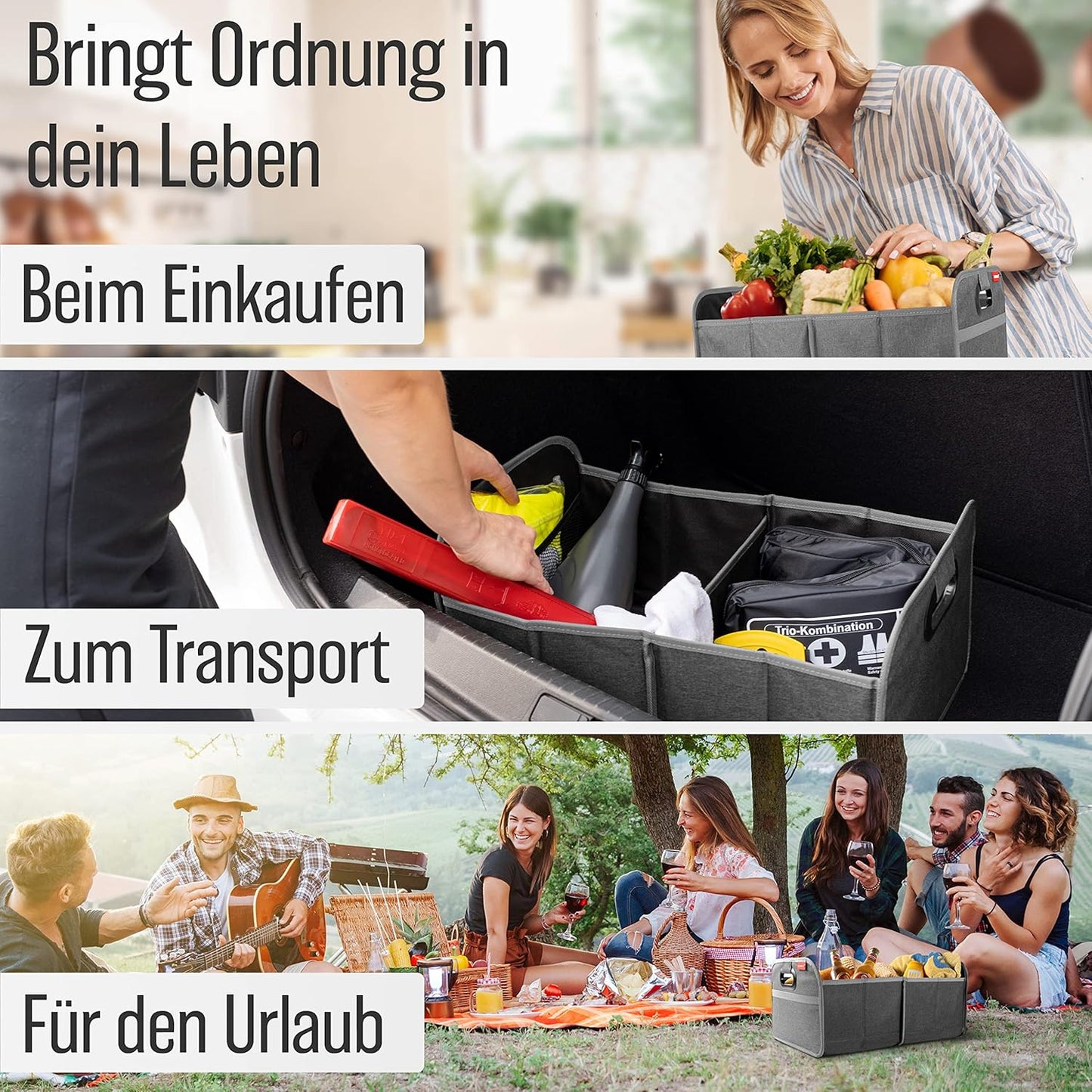 Faltbare Kofferraumtasche mit Anti-Rutsch-Klett, Grau
