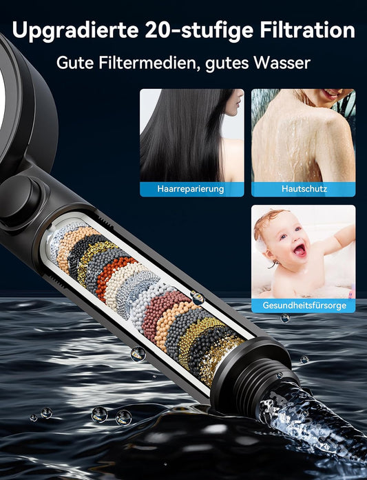 Duschbrause mit 20-stufiger Filtration, ‎schwarz mit Schlauch