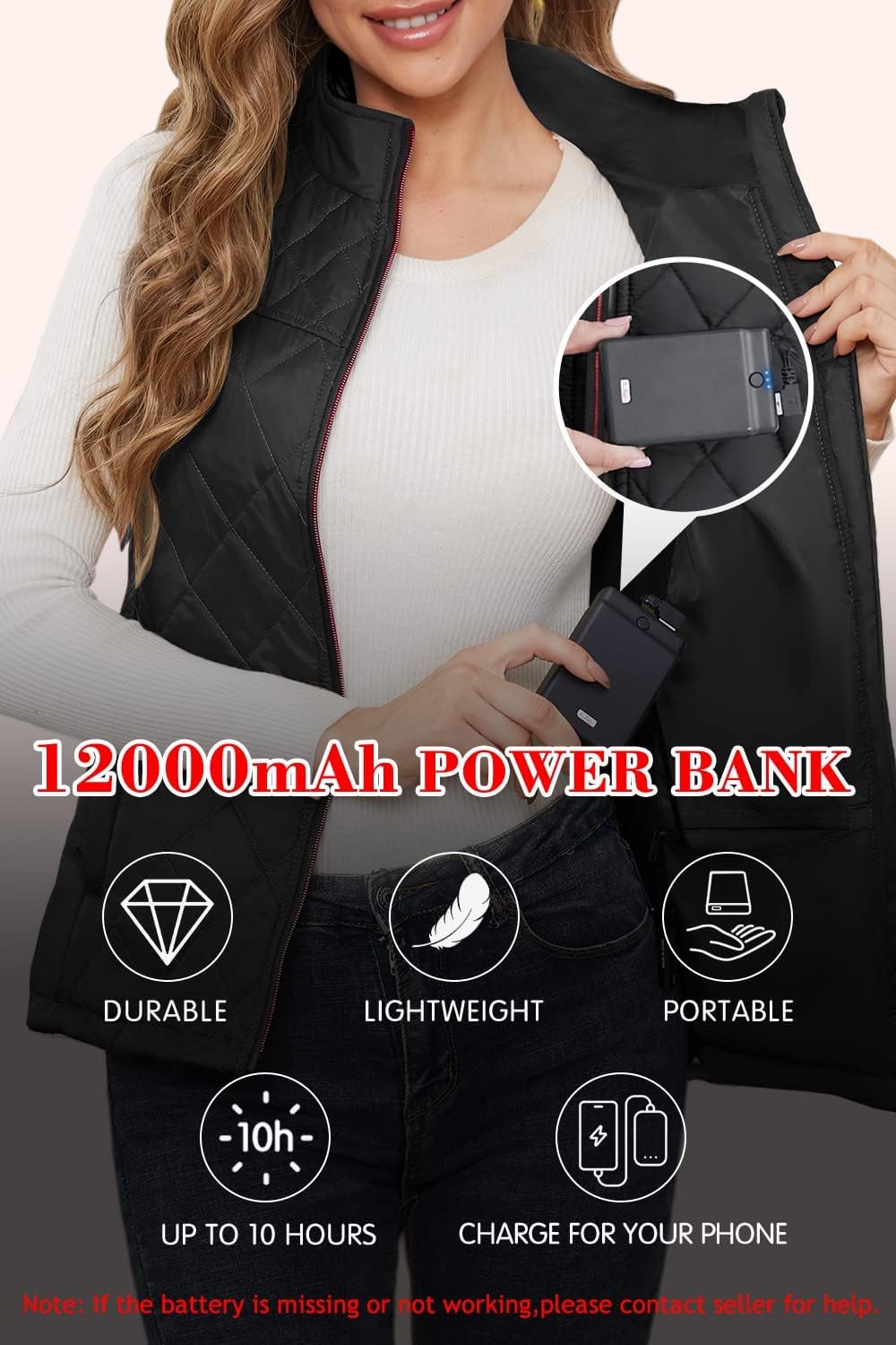Beheizte Damenweste mit Powerbank und 5 Heizzonen, XS, Schwarz