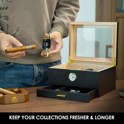 Zigarren-Humidor-Box mit Befeuchter & Hygrometer, Schwarz 10-50