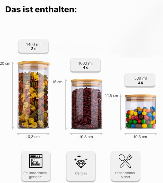 Vorratsgläser-Set mit Deckel, 8 Stk., 3 Grössen, Rund