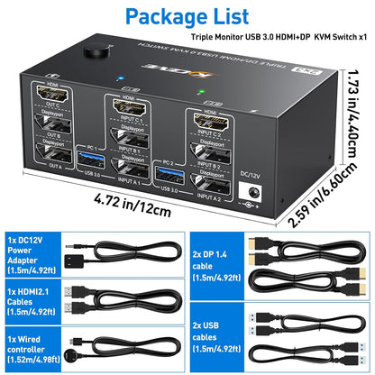 KVM Switch für 2 Computer, 3 Monitore, USB 3.0, 2X3 DP + DHMI KVM kein EDID