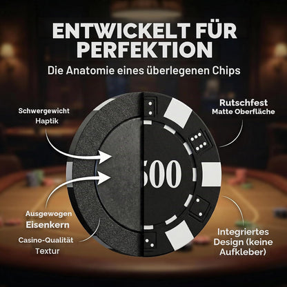 Pokerkoffer für 10 Spieler, 500 Chips mit Zahlen