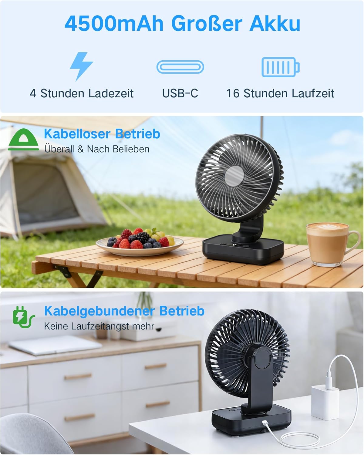 Oszillierender Tischventilator, Matt-schwarz