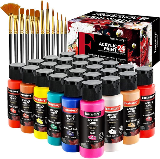24-teiliges Acrylfarben Set mit 12 Pinseln, Rot, Sienna, Gelb, Grün, Blau, Rosa, Grau, Sienna, Purpur