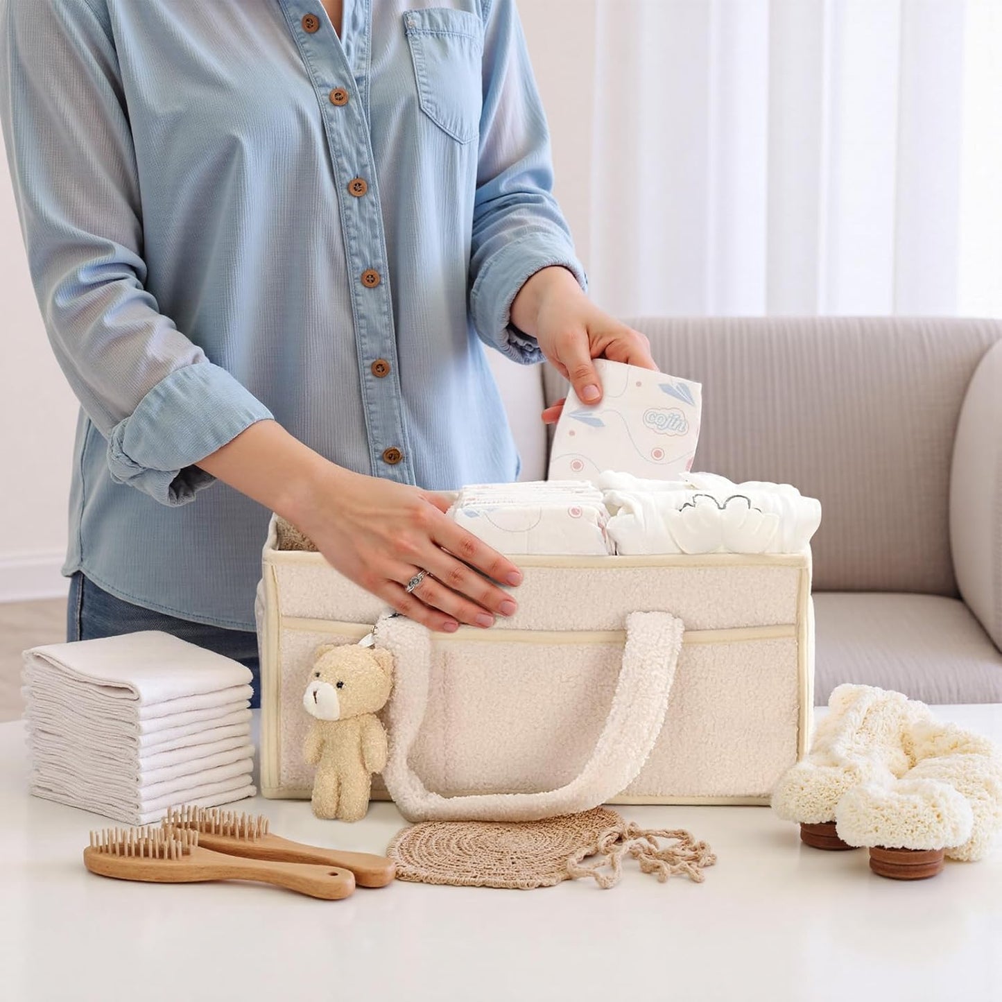 Wickeltisch Organizer mit Fächern & Griffen, Beige