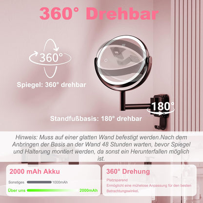 Wandkosmetikspiegel mit Beleuchtung und Vergrösserung, 360° Drehbar