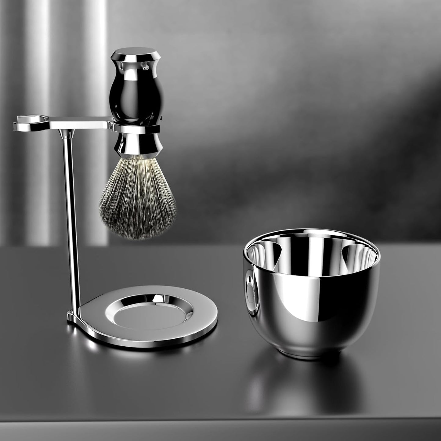 3-in-1 Rasierpinsel-Set mit Halter und Schale, Silber-03