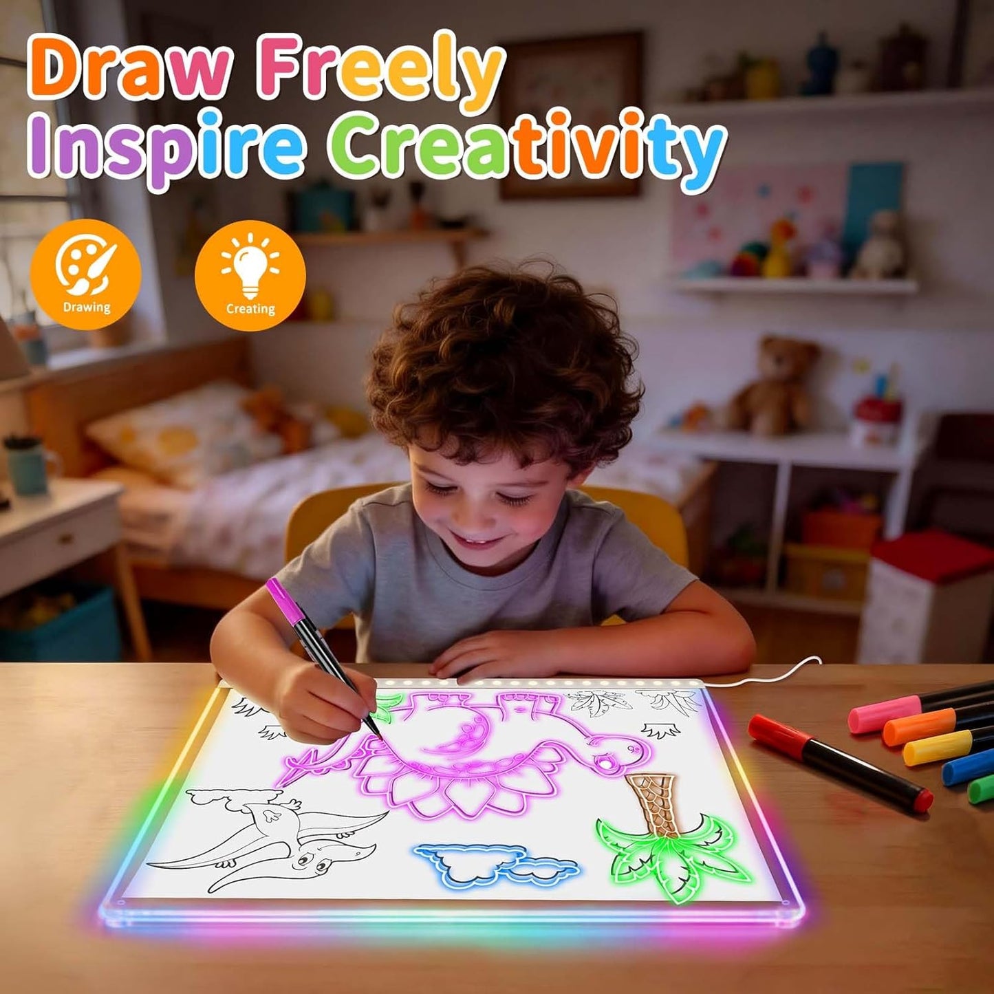 LED-Zeichenbrett für Kinder, 7 Filzstifte + Netzteil