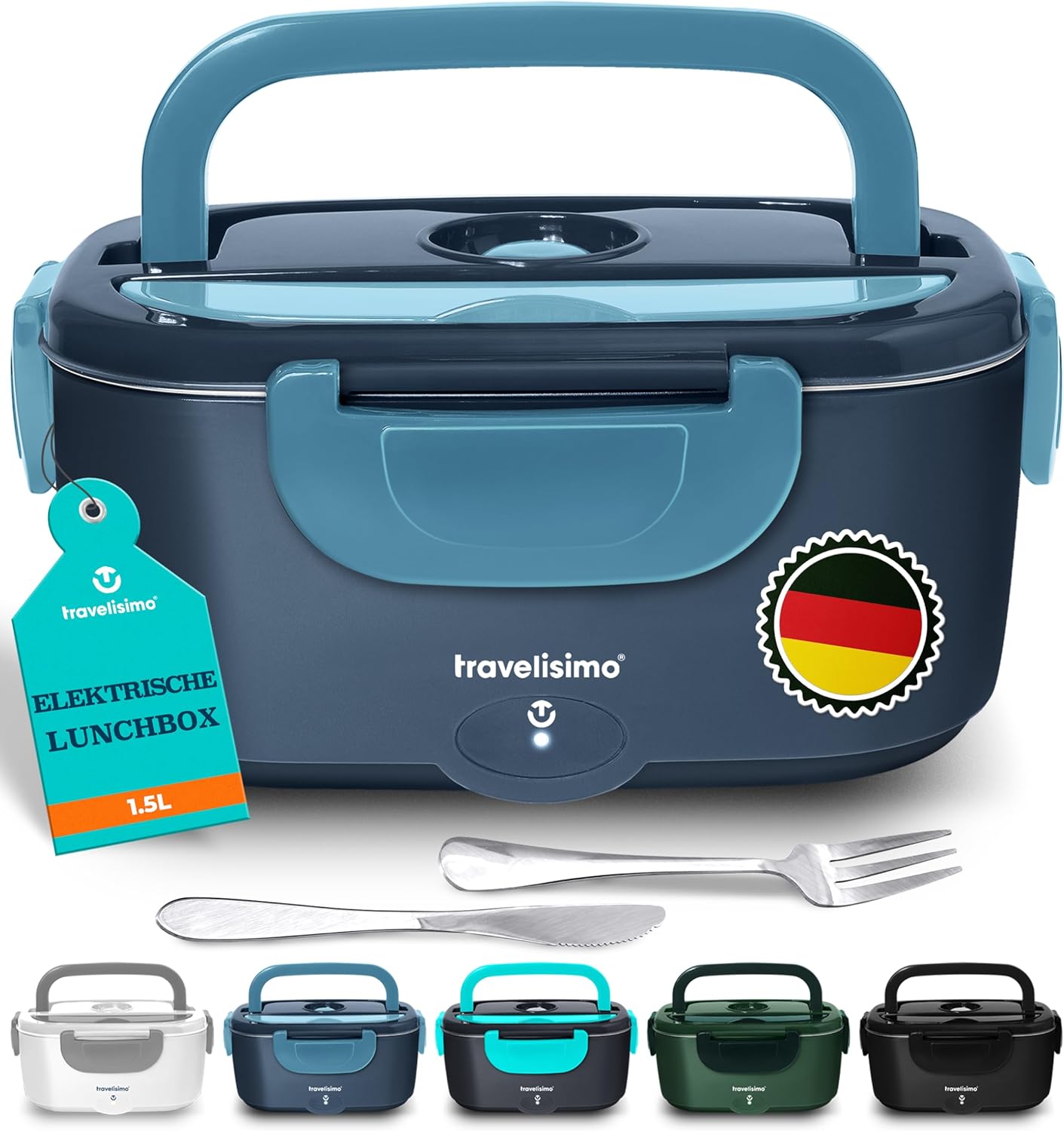 3-in-1 elektrische Lunchbox inkl. Besteck, Sockelkabel & Autokabel, Dunkelblau